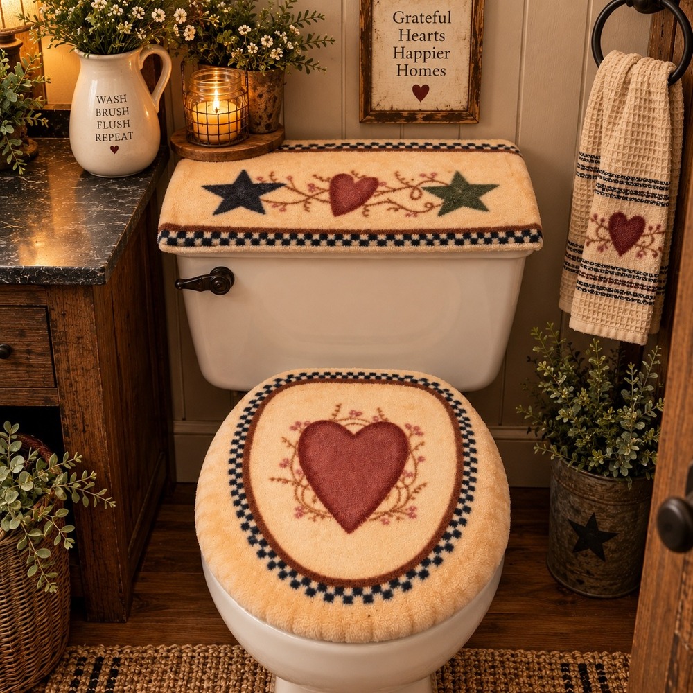 Vintage Plush Fuzzy Americana Toilet Lid & Tank Top Cover Set Country Farmhouse